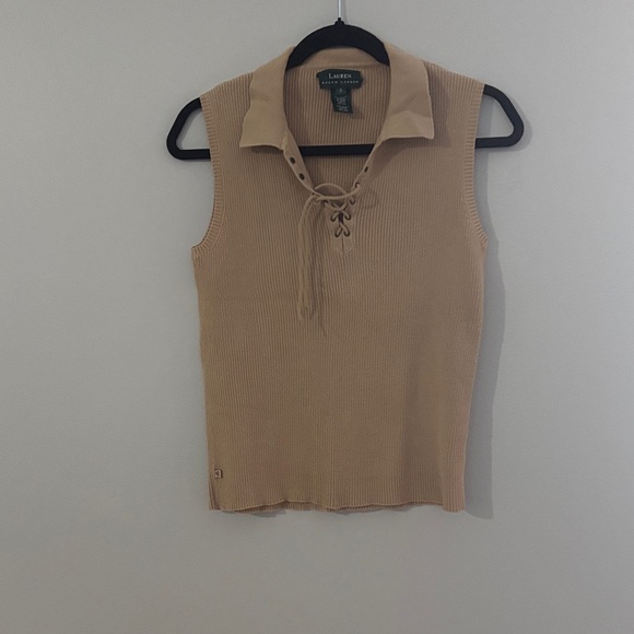 Ralph Lauren Beige Ribbed Lace-Up Top - Picture 2 of 6